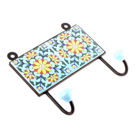 Turquoise And Yellow Sunflower Ceramic Tiles Hooks